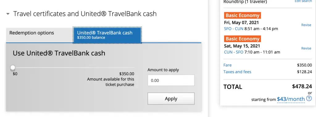 using united travel bank cash