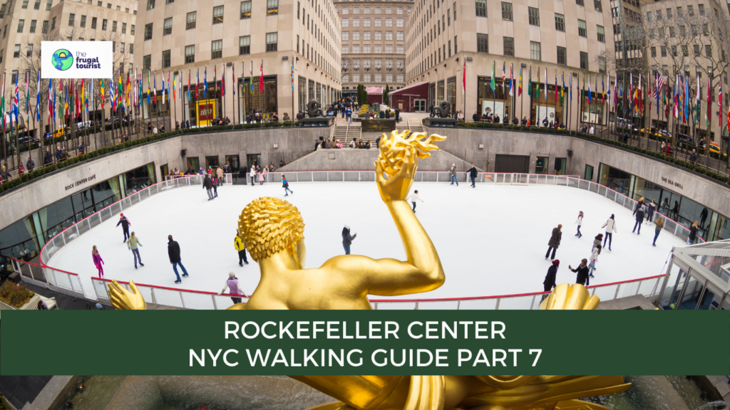 The sunken plaza at Rockefeller Center with flags and the Prometheus statue