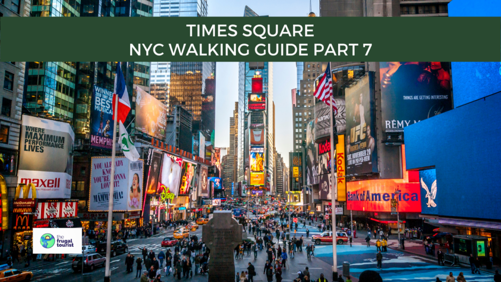 Bright neon billboards and crowds at Times Square NYC