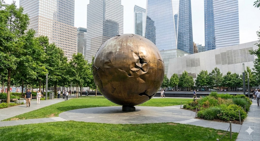 The Koenig Sphere in Liberty Park, New York City, with the World Trade Center visible.