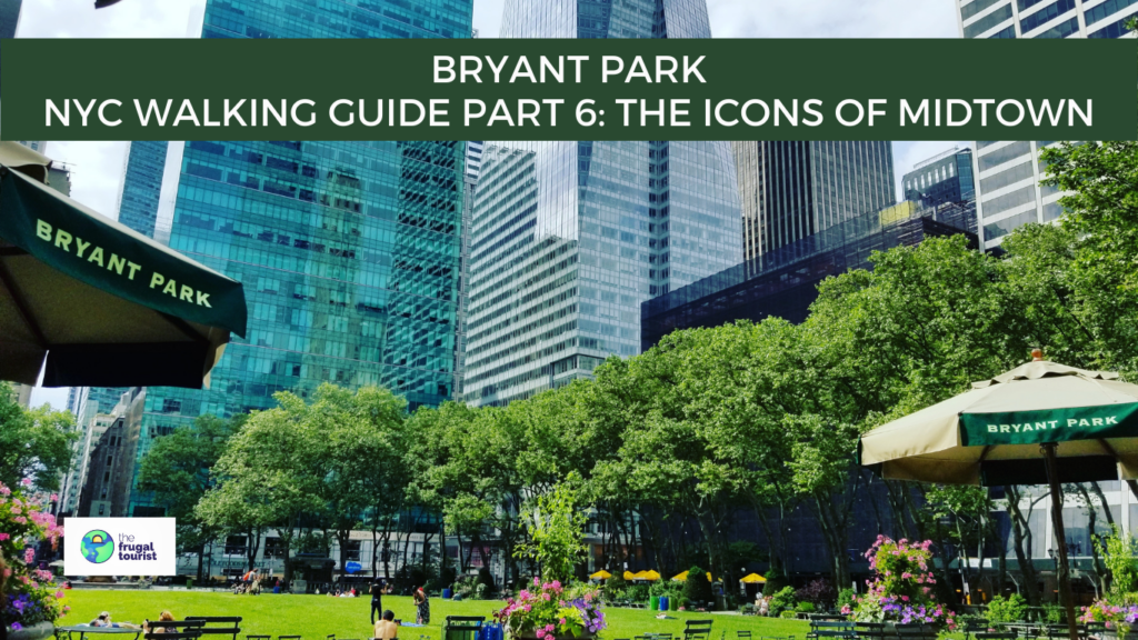 The green lawn of Bryant Park surrounded by skyscrapers and London Plane trees, with people sitting in movable chairs.