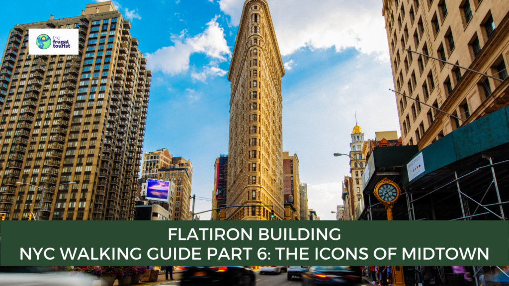 A street-level view of the iconic triangular Flatiron Building at the intersection of Broadway and Fifth Avenue.