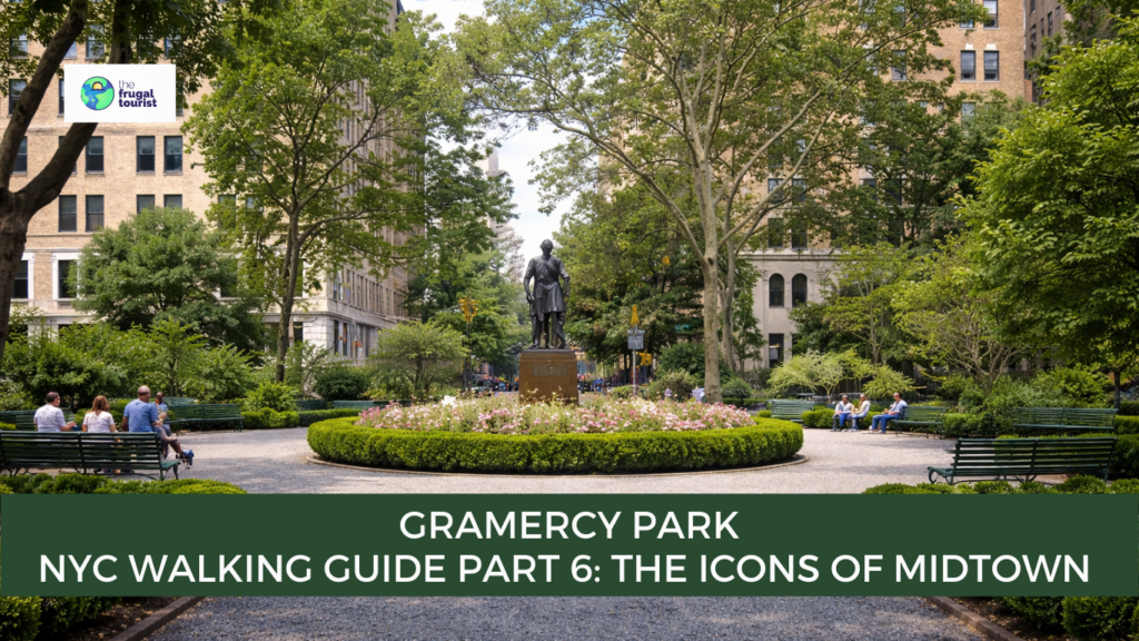 The serene, gated entrance of Gramercy Park in Manhattan, showing lush greenery and surrounding historic townhouses.