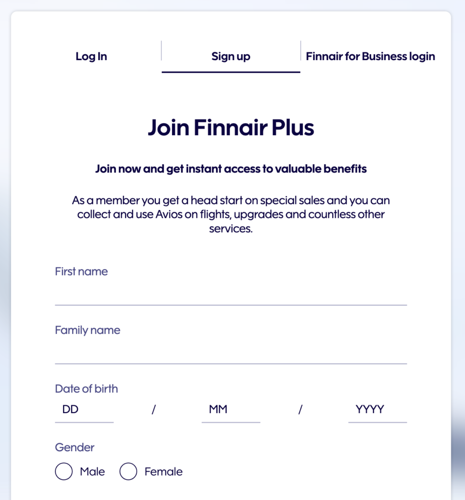 Finnair Registration Page