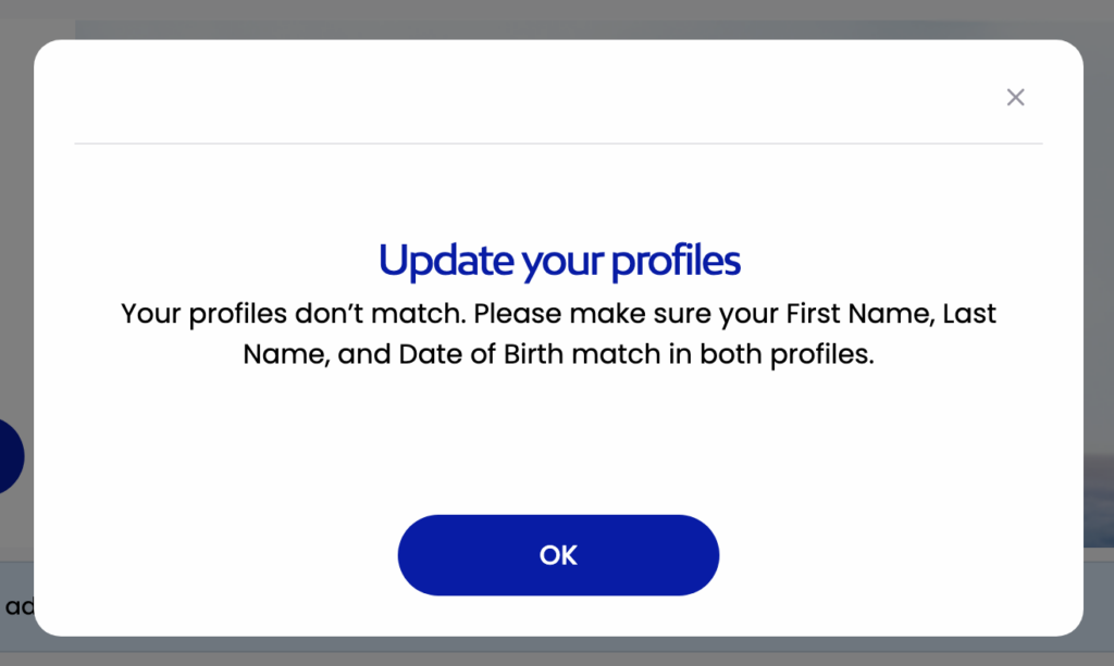 Example of a profile mismatch error during the loyalty account linking process.