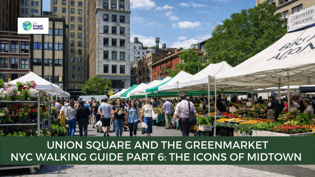 A bustling view of the Union Square Greenmarket with various vendor stalls and shoppers under white tents.