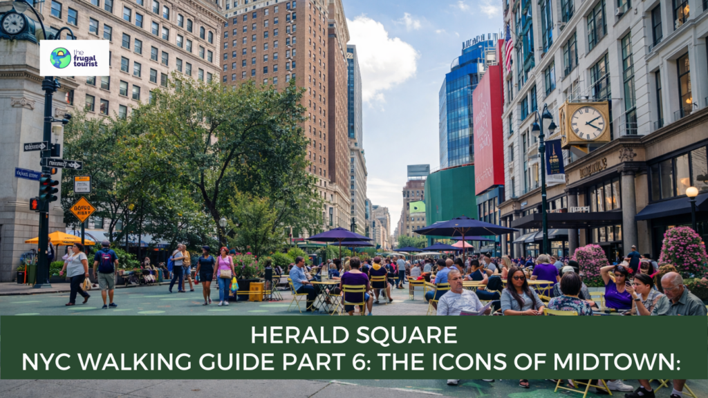 A busy view of Herald Square in Manhattan, showing pedestrians and the flagship Macy’s department store.