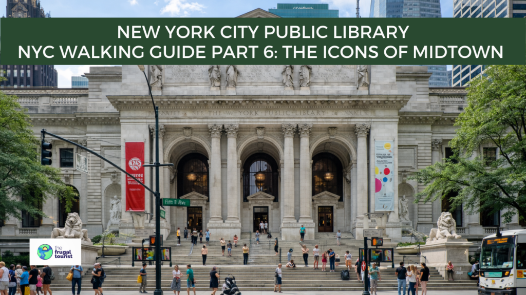 The main entrance of the Stephen A. Schwarzman Building of the New York Public Library, featuring one of its famous marble lion statues.